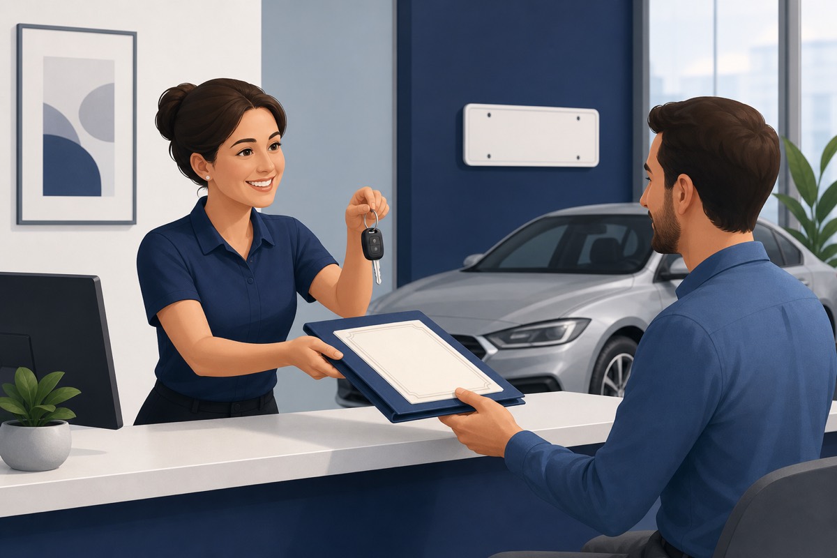 A title service clerk handing car keys and a vehicle title folder to a customer