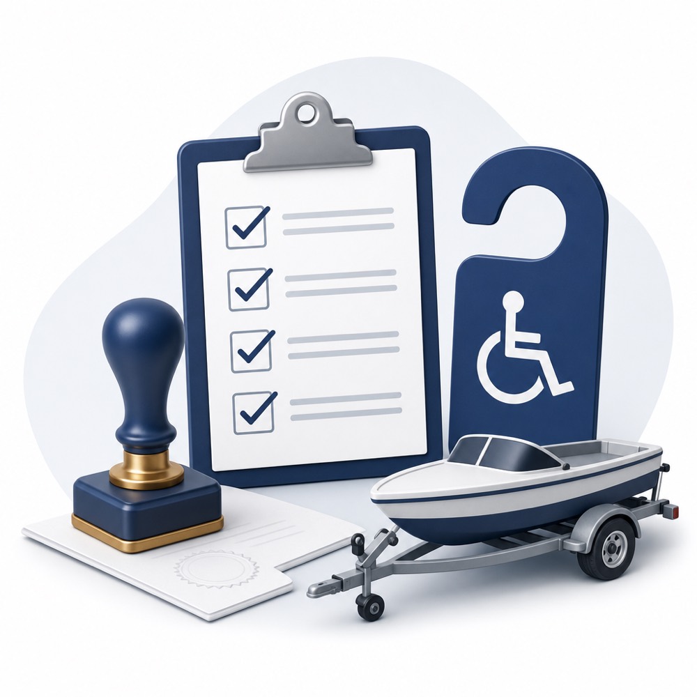 Notary stamp, checklist clipboard and an accessible parking permit