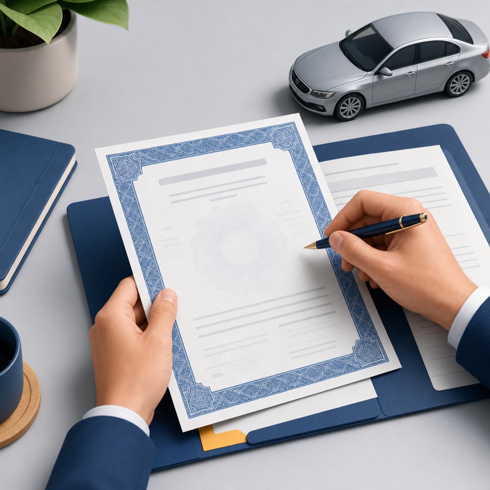 Vehicle title certificate, pen and folder organized on a desk